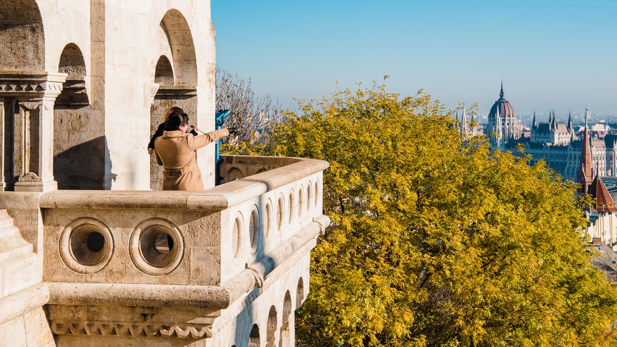 A balcony at the Fisherman's Bastion in Budapest, Hungary with a view of the Parliament Building