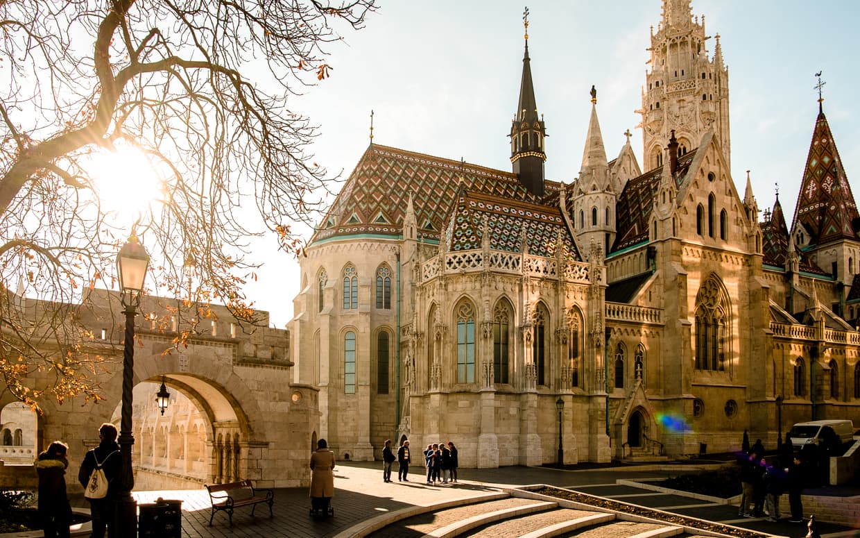 The Matthias Church in Budapest, Hungary, right next to the Fisherman's Bastion.