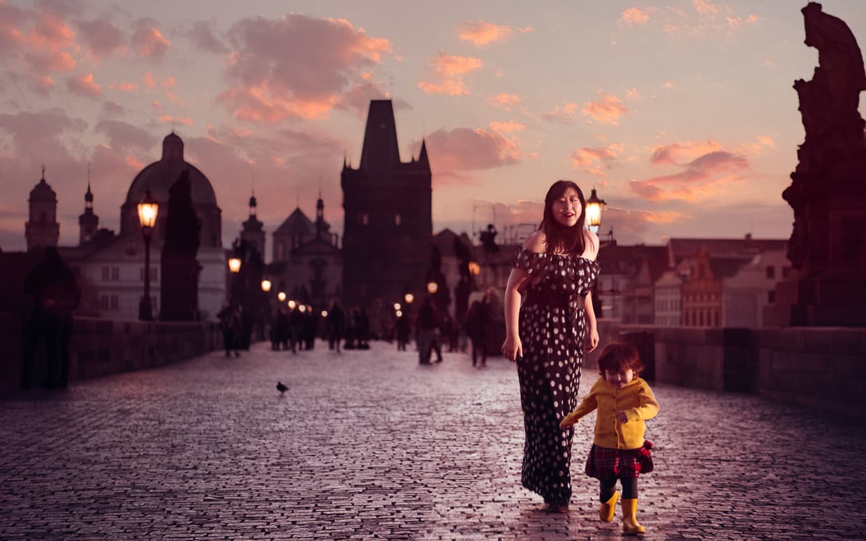 The Charles bridge with tourists in the background in Prague