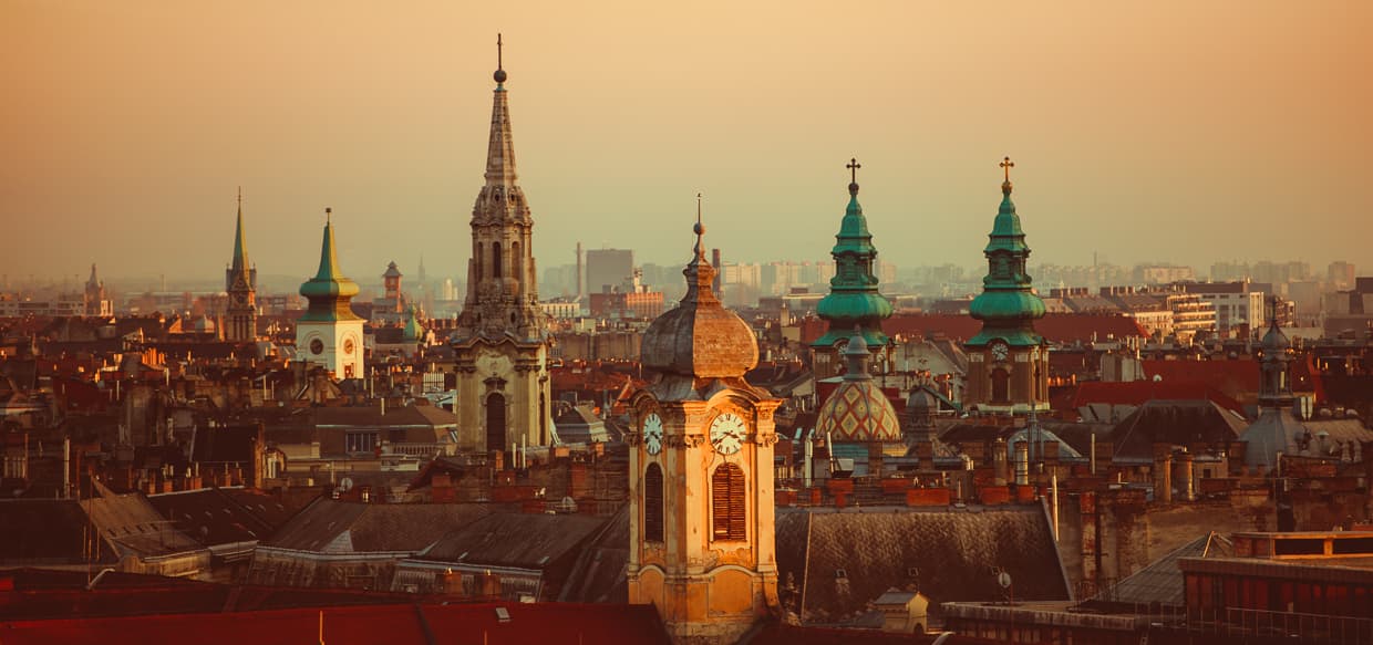 The skyline of Budapest, Hungary at sunset.