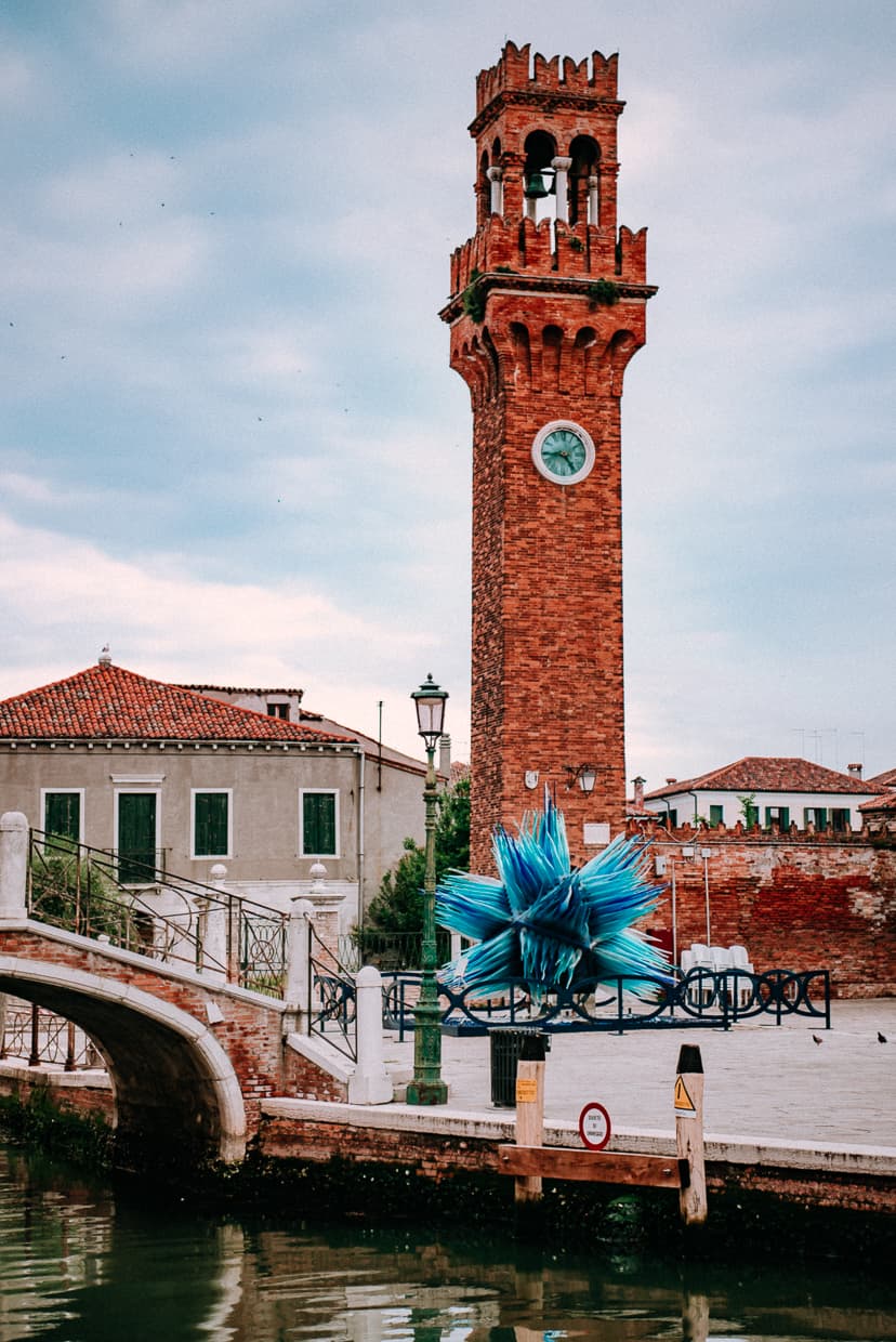 A clock tower with glass art on Murano, Italy