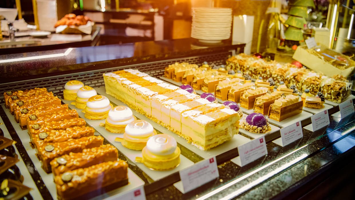 A display of cakes in Cafe Central in Vienna, Austria.