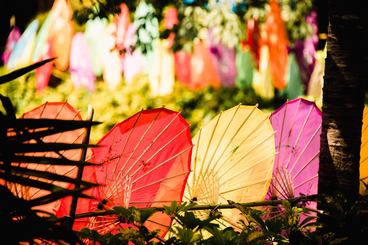 Colorful Dai umbrellas in the Yunnan Ethnic Village.