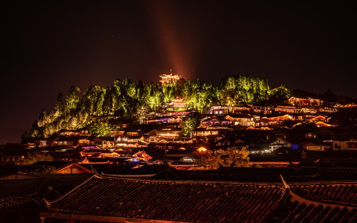 Lion Hill and Wangu Tower at Night. Lijiang, China.