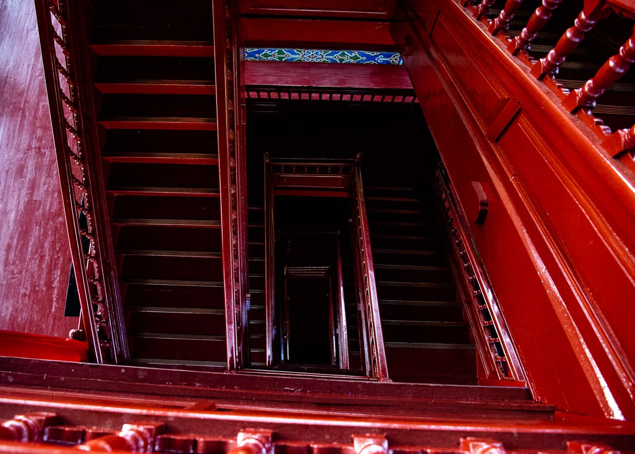 The wooden stairs in the wooden Wangu Tower on Lion Hill.