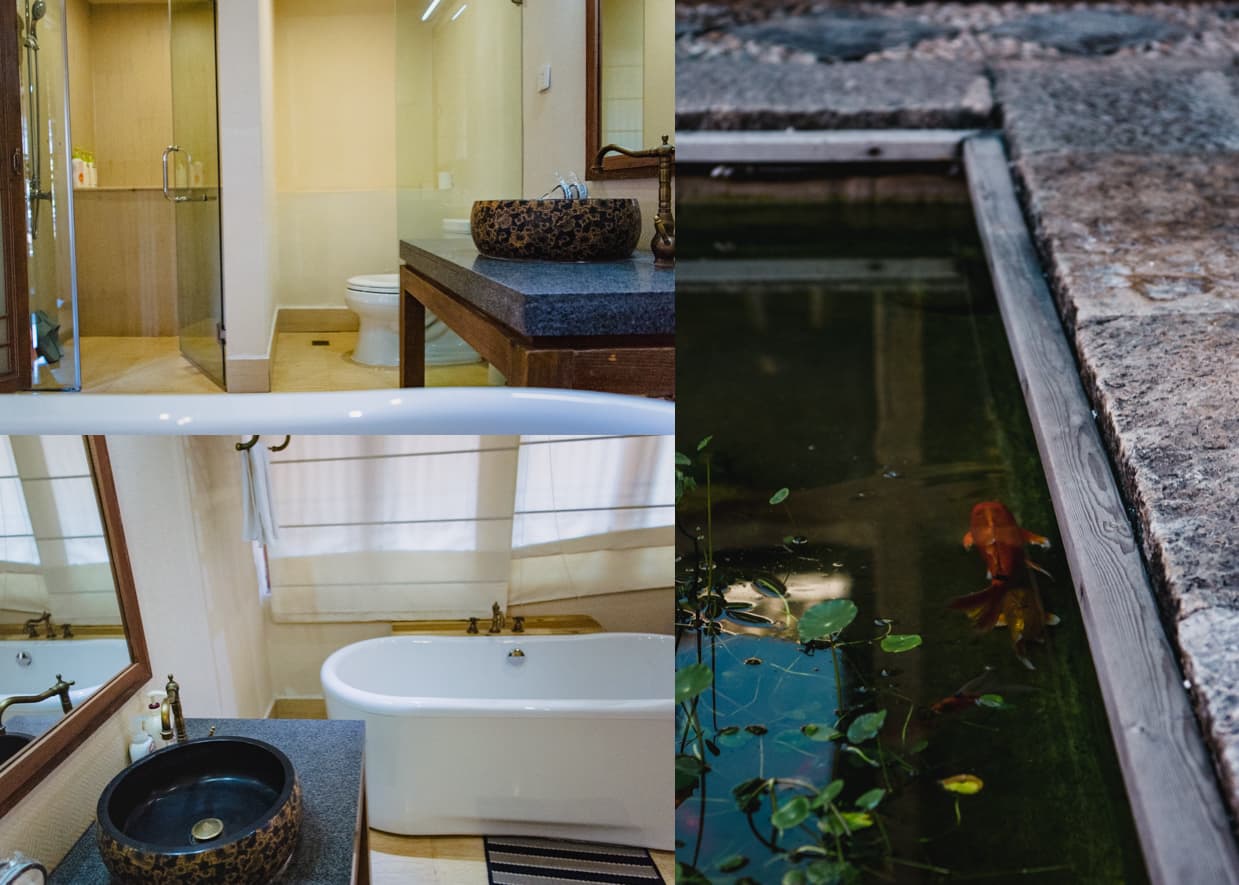 Lijiang Hotel bathroom and koi pond.