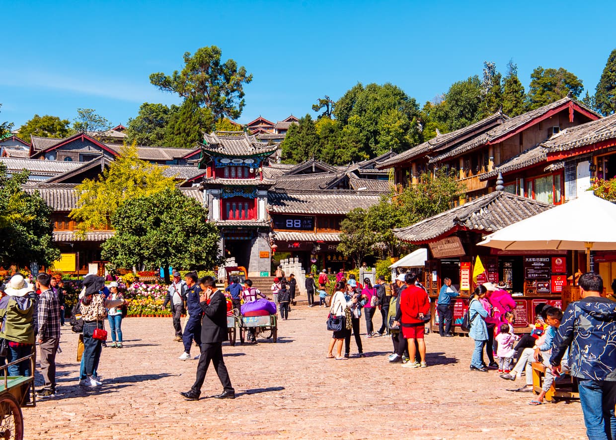 Square street in the Lijiang Old Town. Yunnan, China.