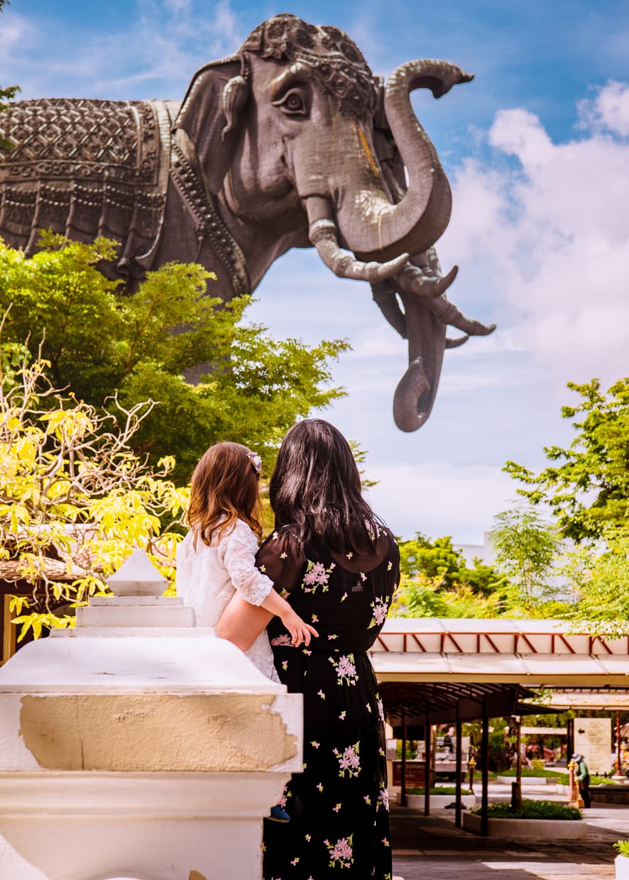 Family time at Bangkok's Erawan Museum.