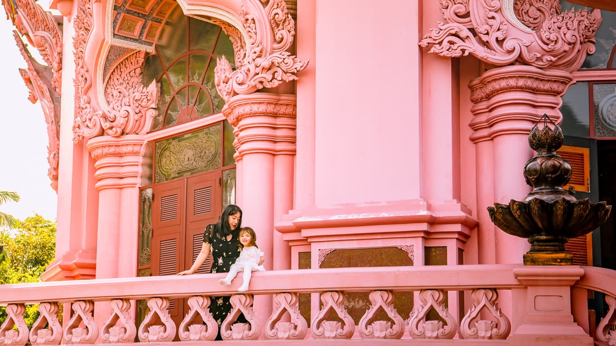 The pink balcony of the Erawan Museum in Bangkok, Thailand.