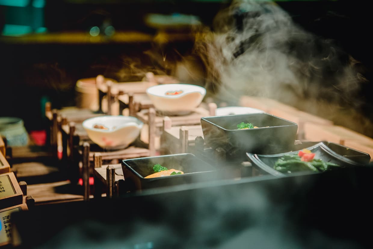 A steaming hot vegetarian buffet restaurant.