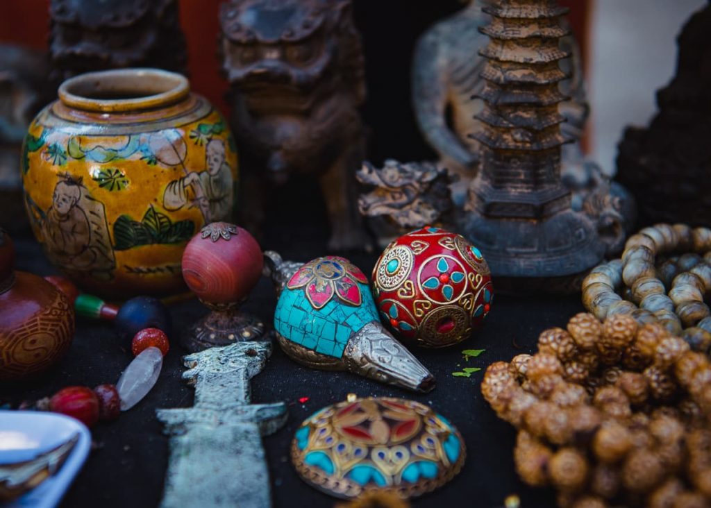 Tibetan prosperity charms in an antique market in Dali, China.
