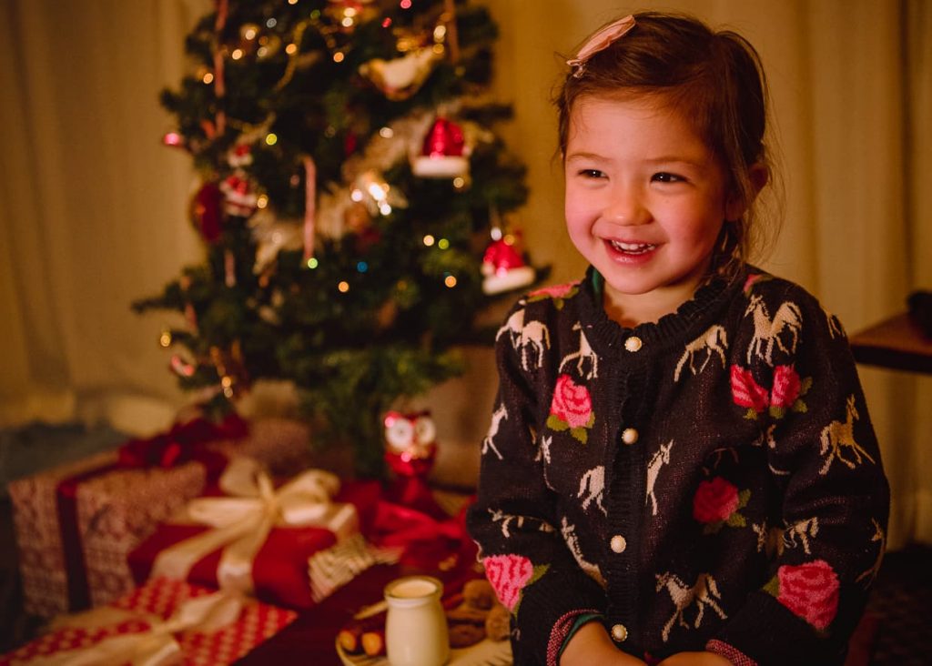 Lisa next to milk and cookies on Christmas Eve.