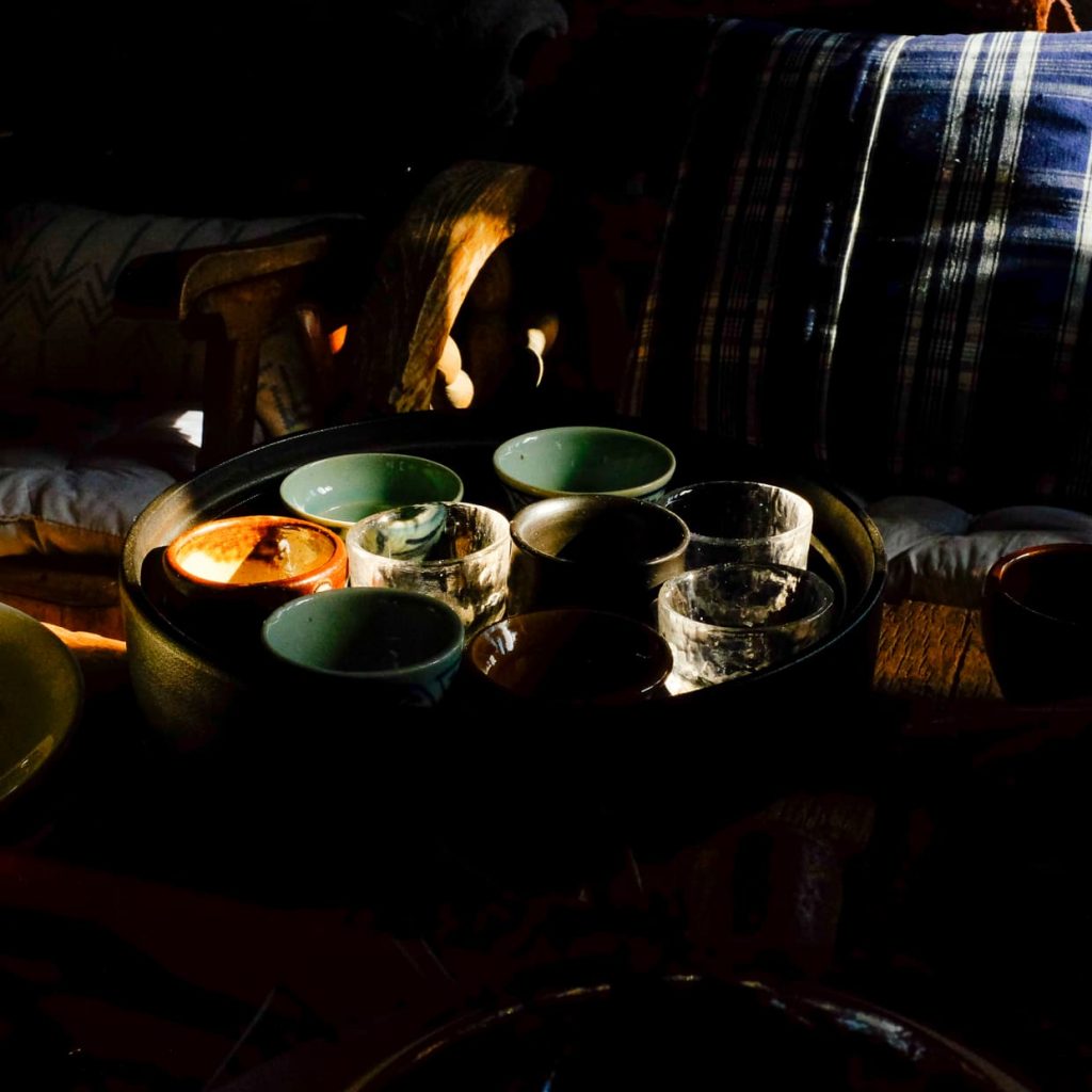 Tea cups near the fire on Christmas morning.