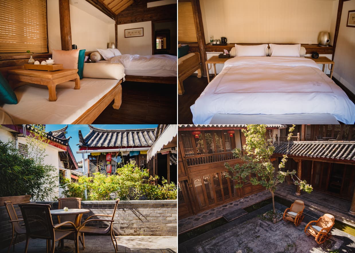 Banxi Caotang hotel Lijiang beds and courtyard.