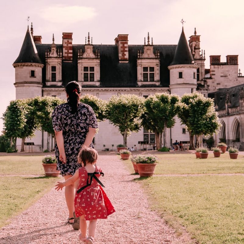 Walking toward the Chateau Royale d'Amboise in the castle gardens.