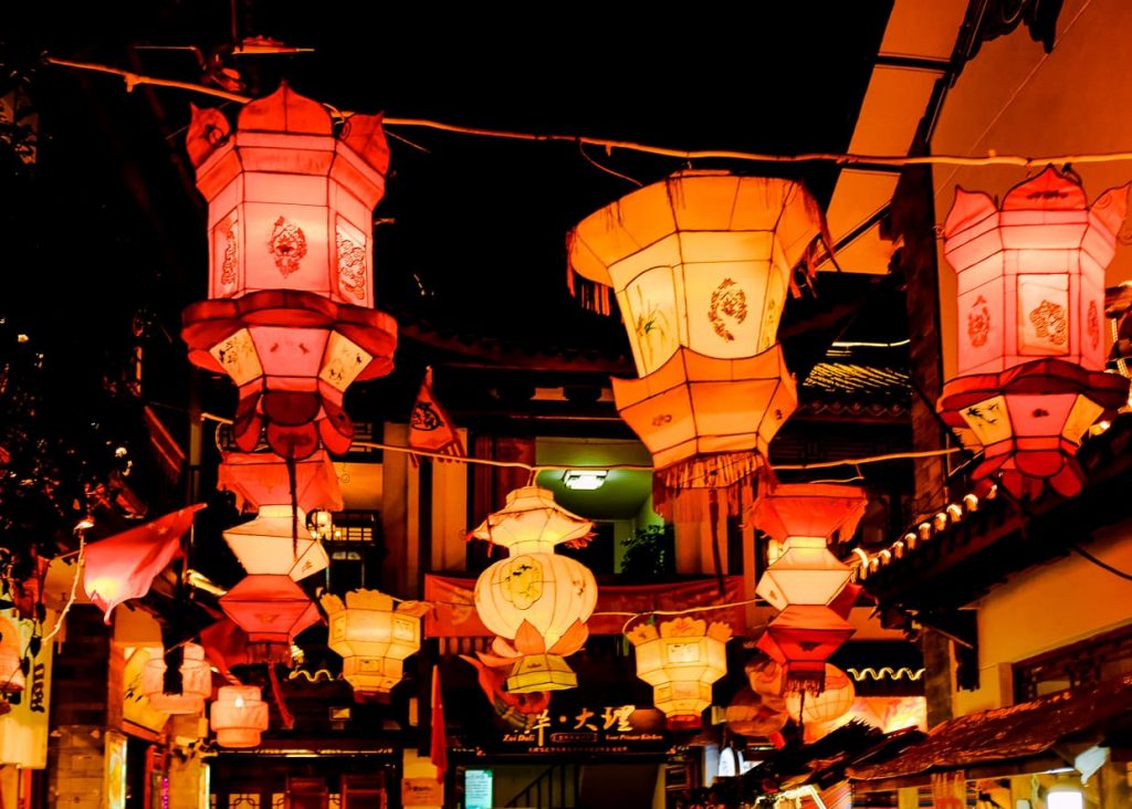 Christmas decorations in the old town of Dali, China.