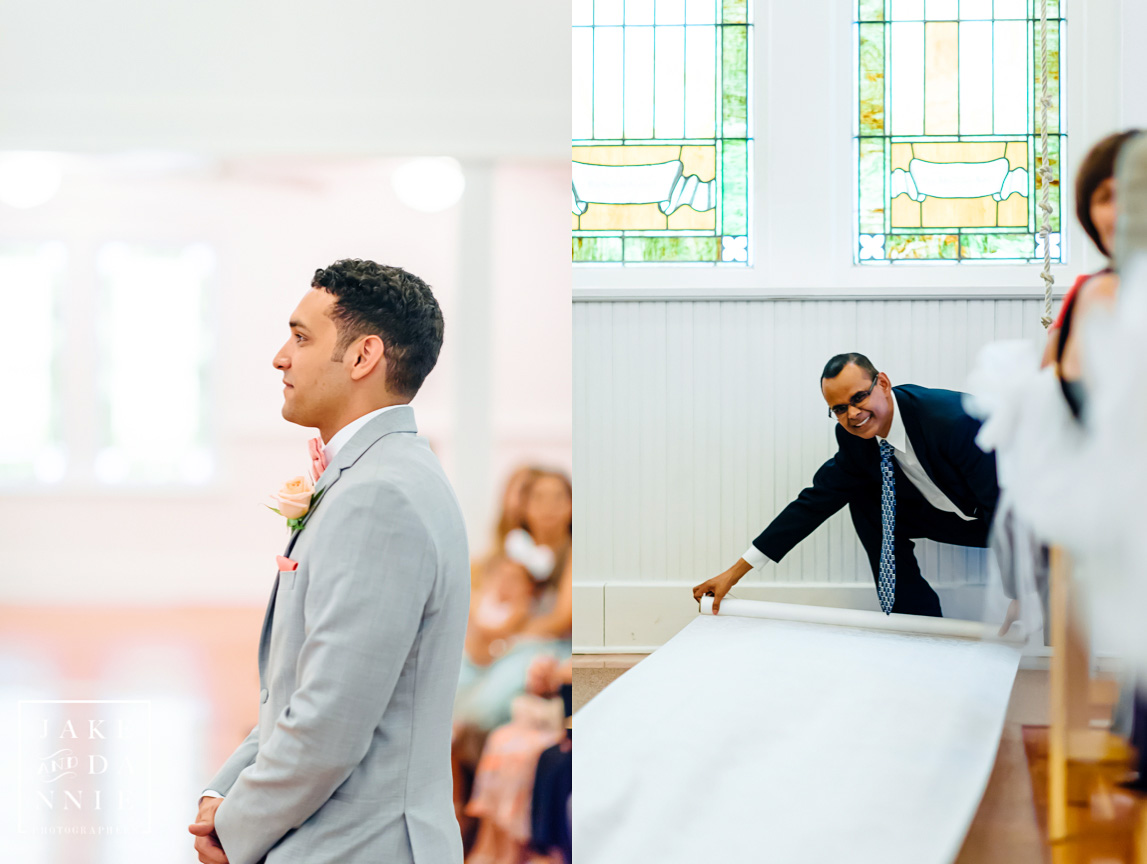 The groom waits for the bride and the white carpet is laid out at the White Chapel in Palm Harbor, Florida.