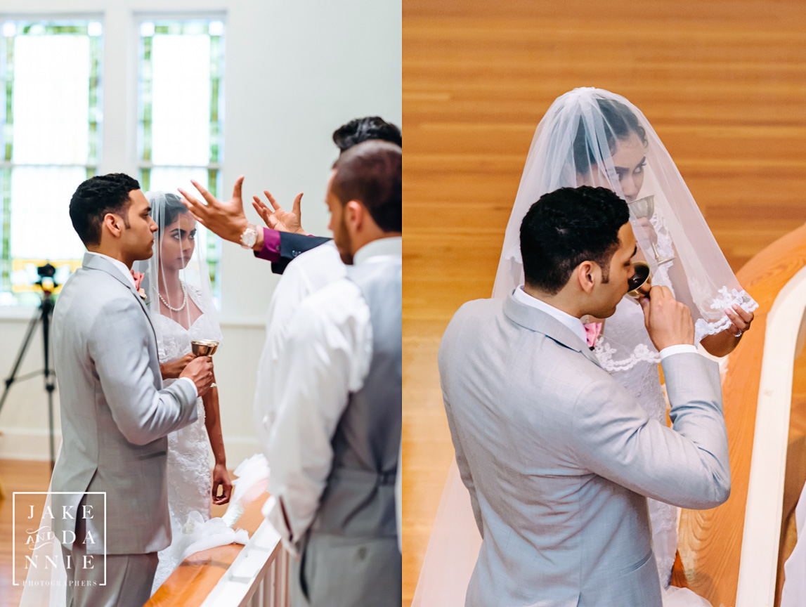 Bride and groom consume the blood and body of Christ.