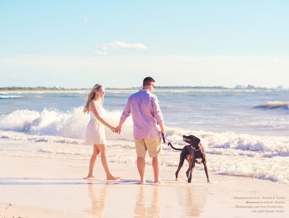 Engagement session with dog on the beach