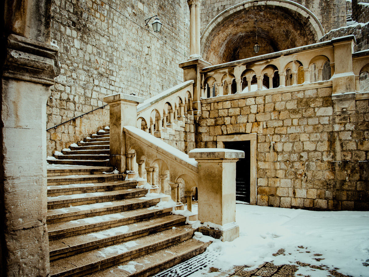 The Pile Gate of Dubrovnik Croatia after a rare winter snow storm