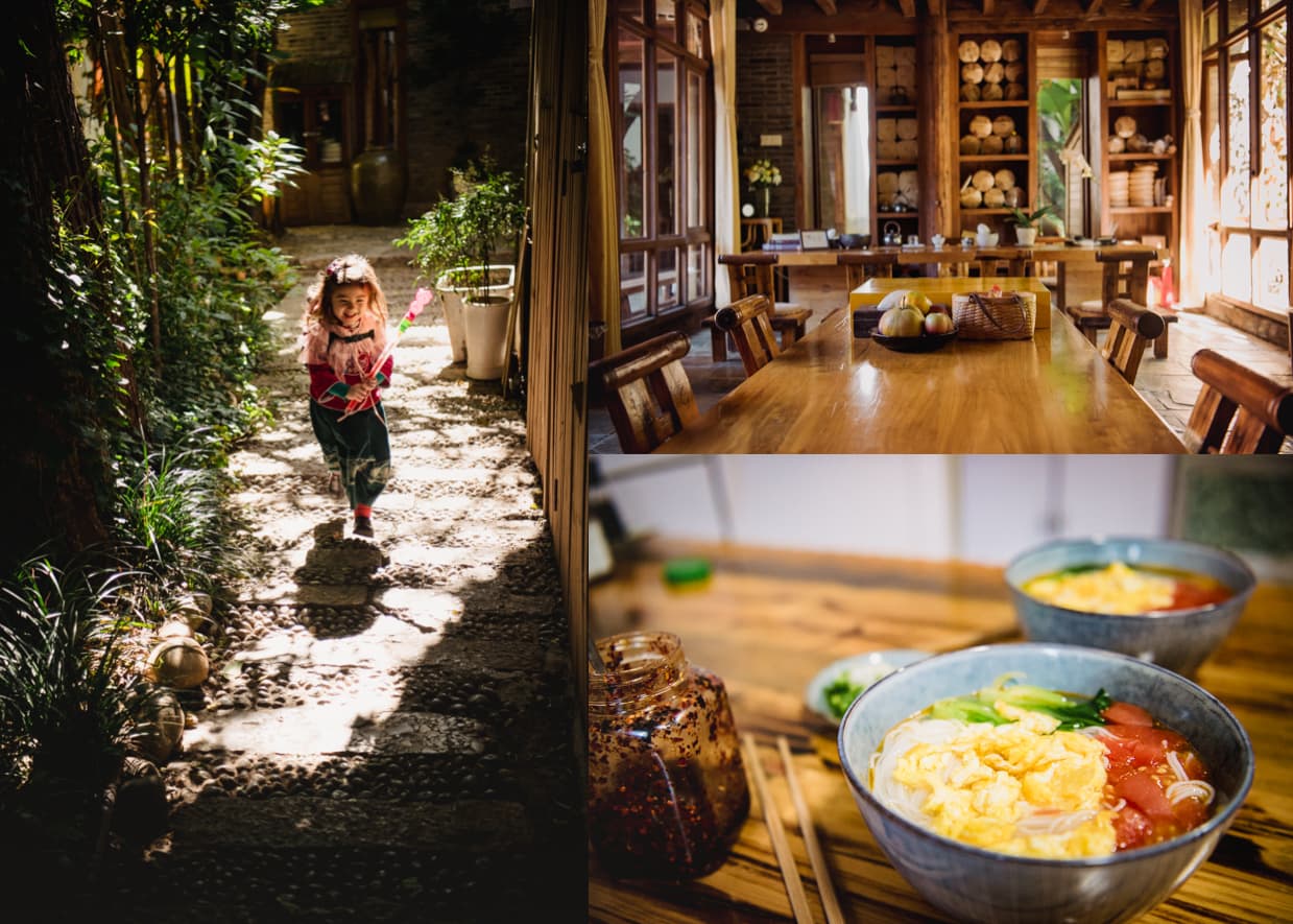 Banxi Caotang Hotel: The path leading to the entrance, the tea room/concierge, and noodles with eggs for breakfast.