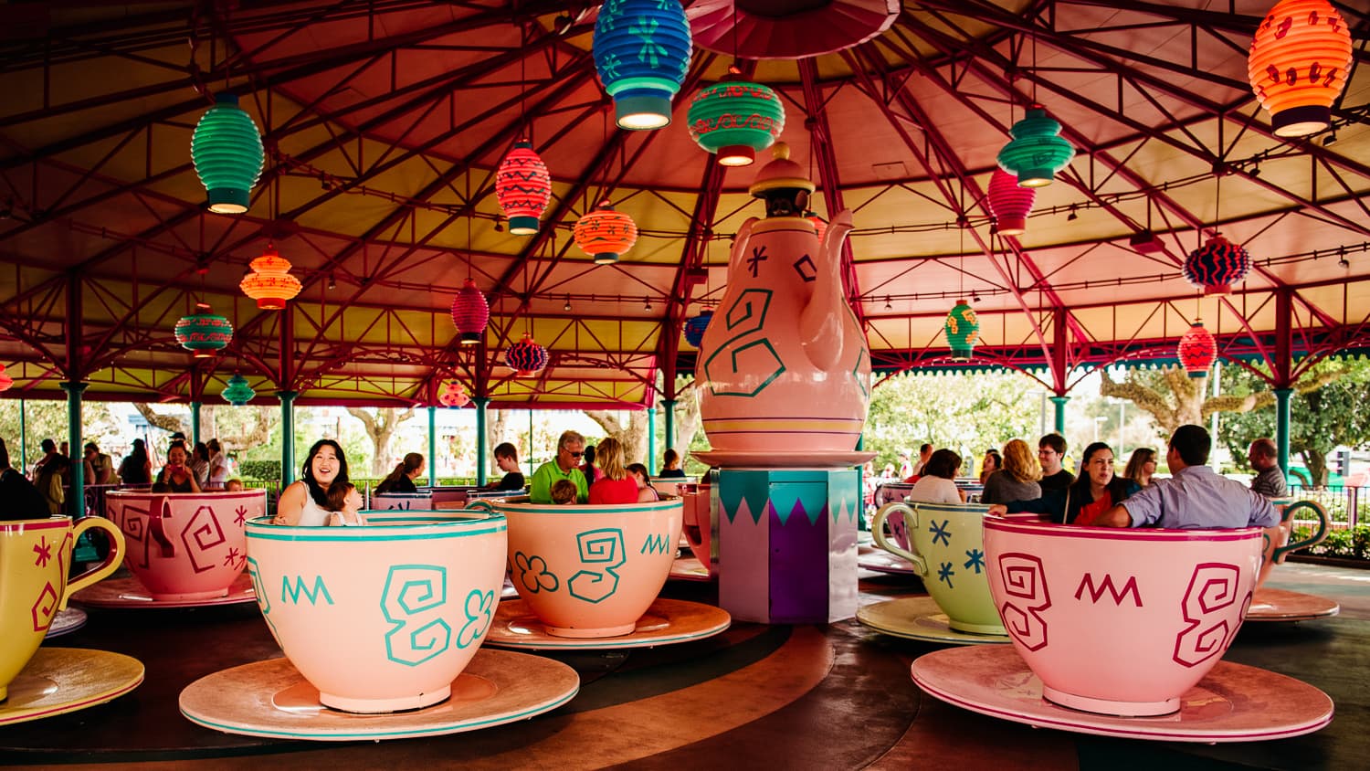 Riding the teacups at Disney on our Christmas road trip in Florida.