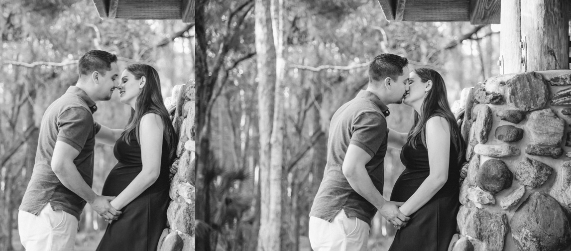 Two photos of a pregnant couple kissing near a stone wall in Palm Harbor