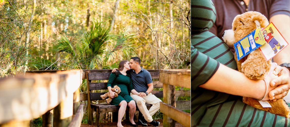 Stephanie and Chris sit on a bench with the build a bear they purchased for their future son