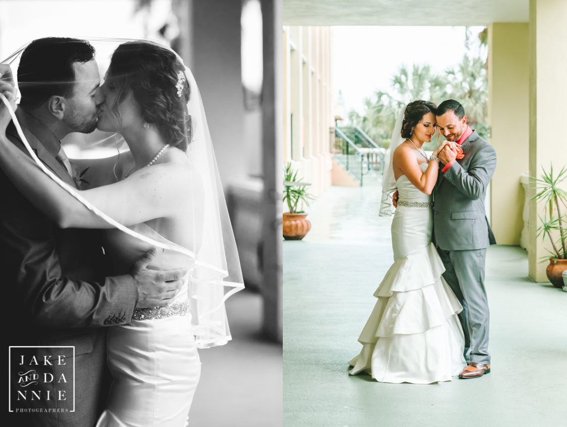 Bride and groom pose for some wedding photos at the Sirata Beach Resort in Florida