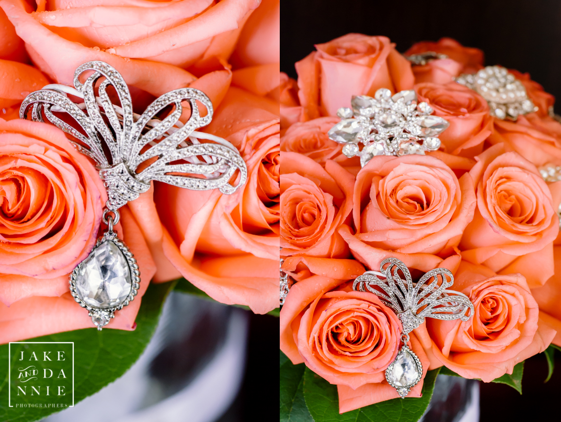 Some of the bride's jewlery displayed on her boquet before the wedding