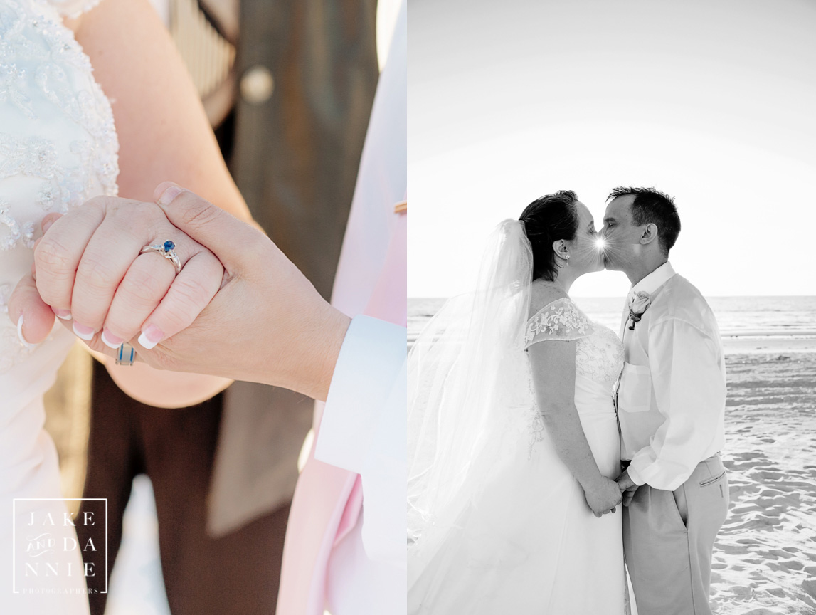 The rings are exchanged and the groom kisses the bride on the beach before sunset