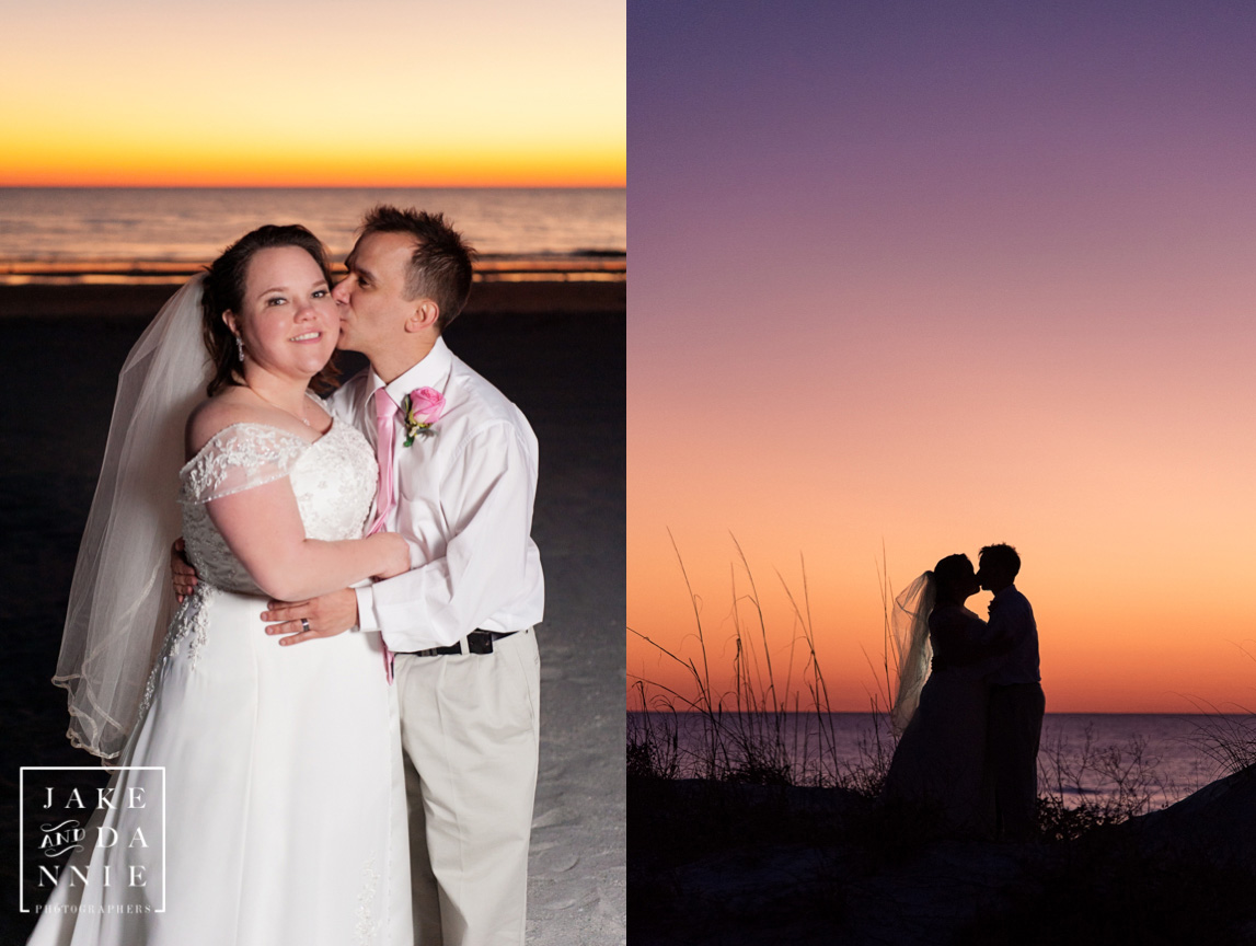 Sneaking away from the reception on their wedding day to take some sunset photos by the beach.