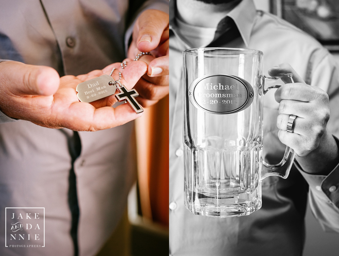 The groom's father and the best man hold the gifts they received from the bride and groom on their wedding day.