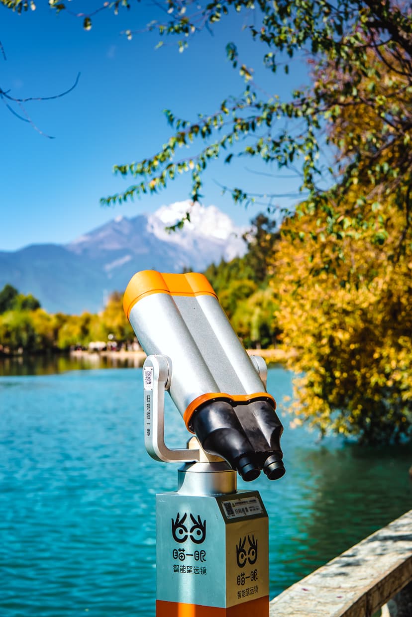A telescope for viewing the Jade Dragon Snow Mountain from the Black Dragon Pool.