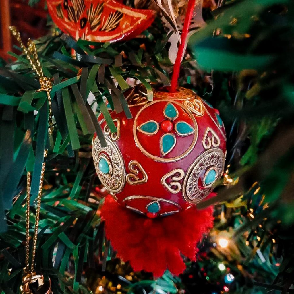A Tibetan charm we turned into a Christmas tree ornament.