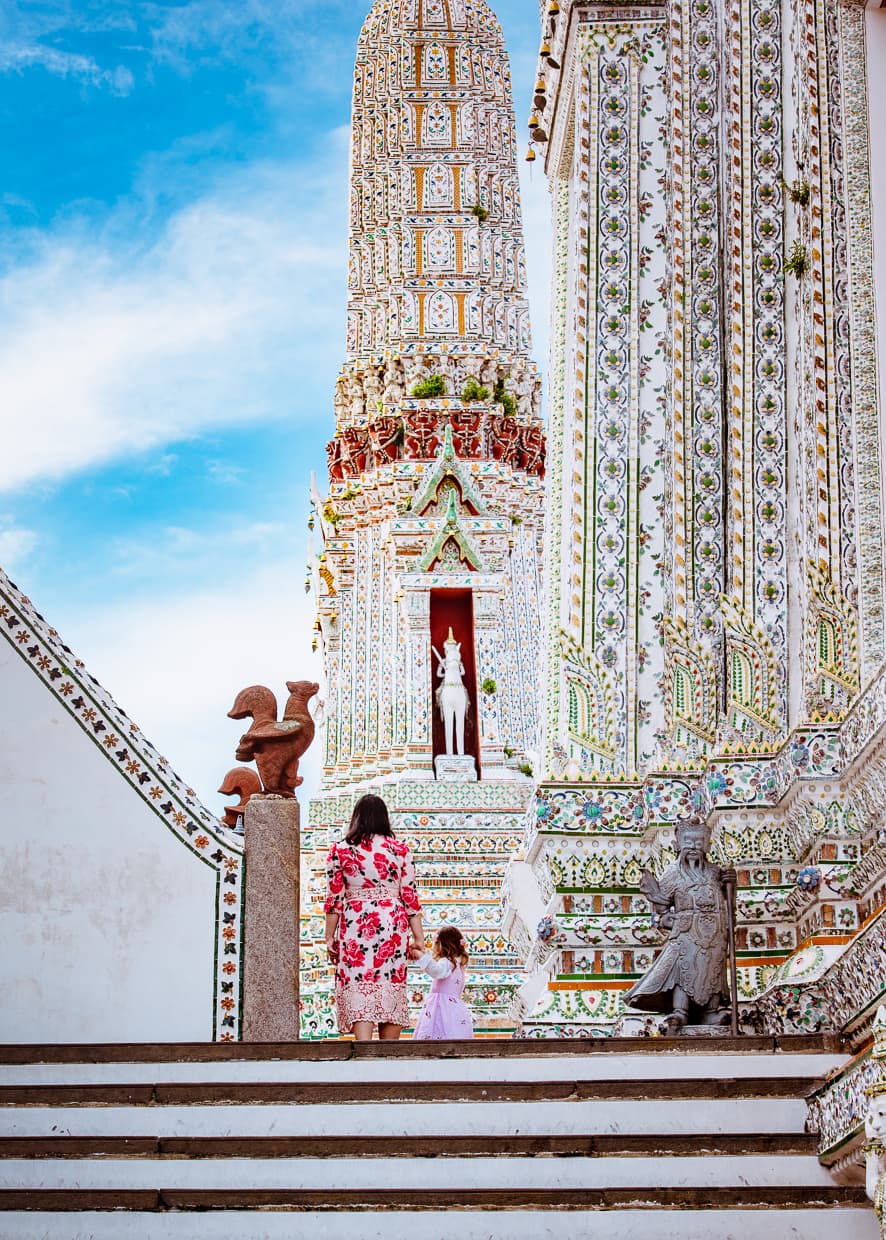 Statues and spires at Wat Arun in Bangkok, Thailand.