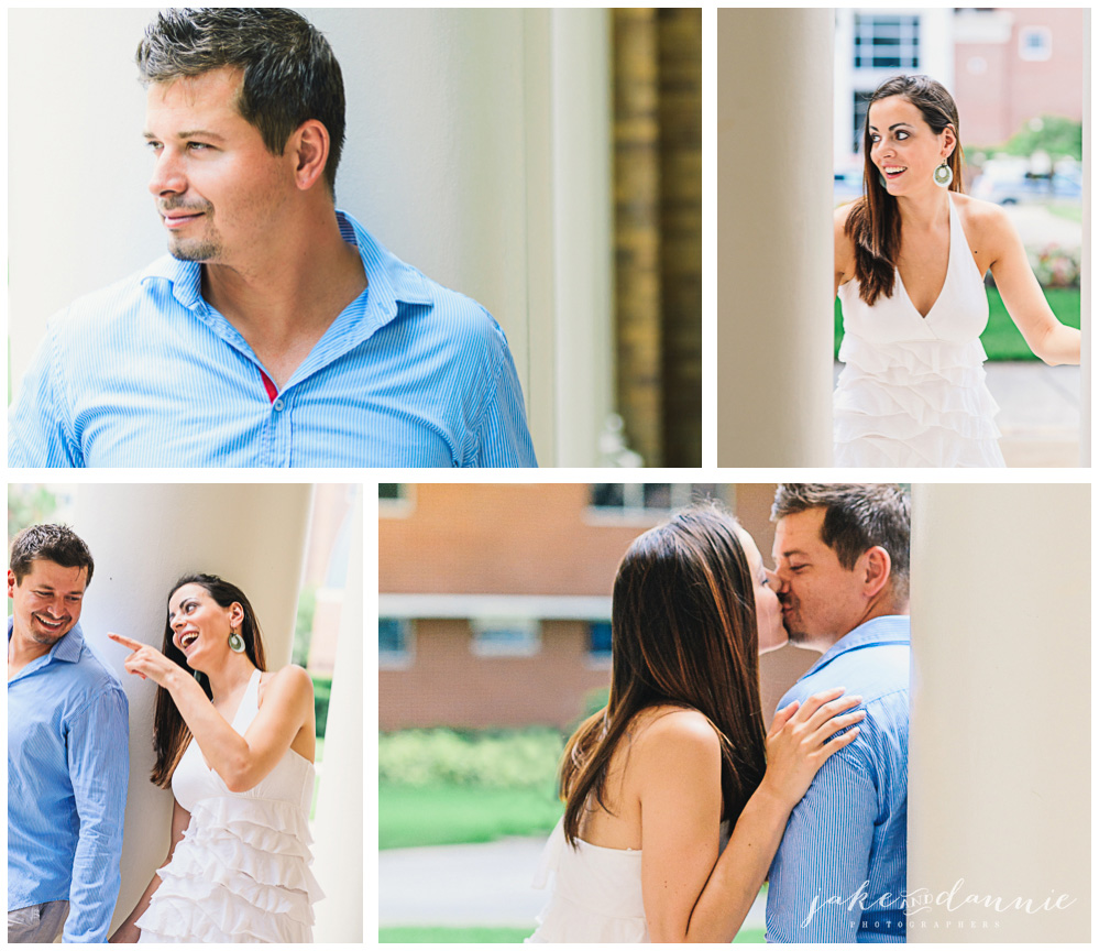 Mary sneaks up behind Simon in the shade of a building at the University of Tampa. One of our favorite photography set ups.
