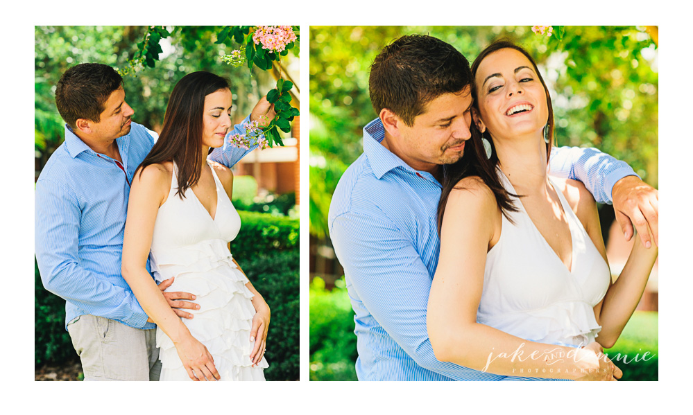 Mary smells a flower and simon makes her laugh for the photographer