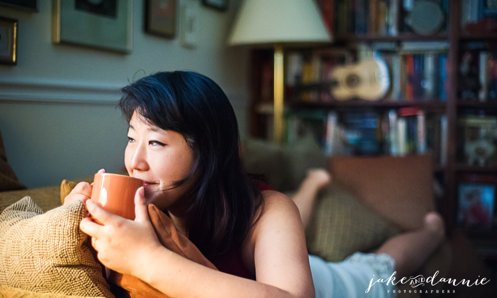 Dannie drinks tea while relaxing in our Airbnb house in Savannah Georogia