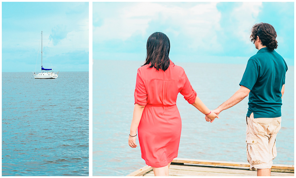 Two photos. A boat anchored in the water, and the two of us holding hands and looking out to sea.