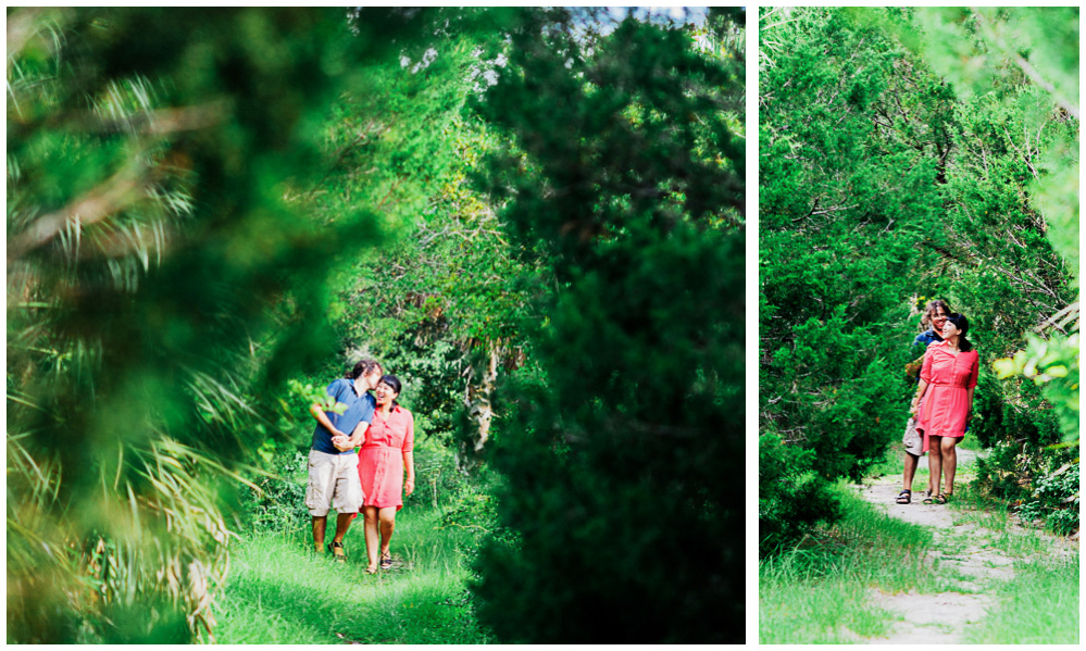 two more photos of us walking in the woods, Dannie wearing her coral colored shirtdress and jake in a blue polo and tan shorts