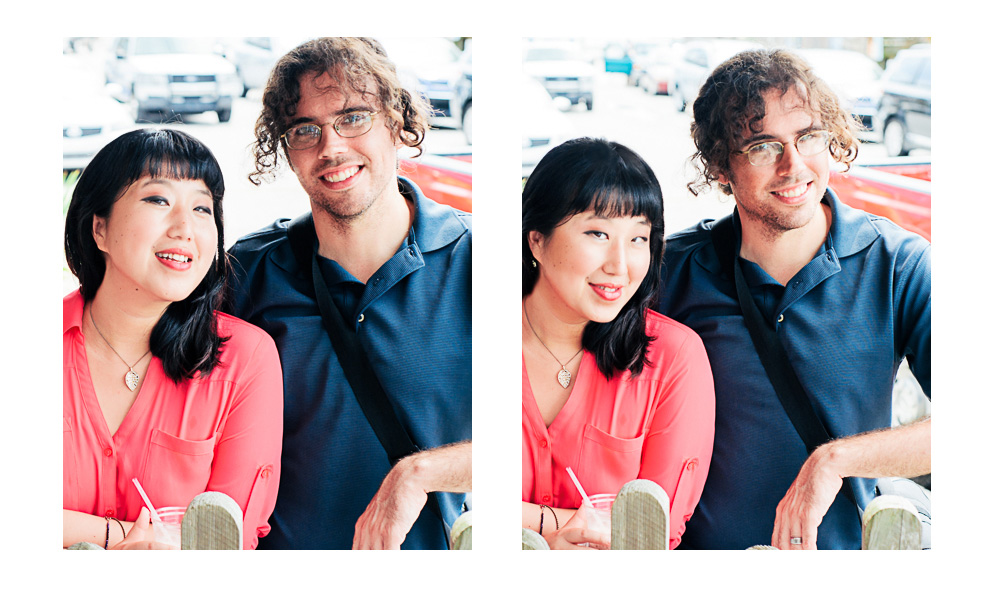 Two photos of us as a couple, Dannie in her coral shirtdress and jake in a blue polo