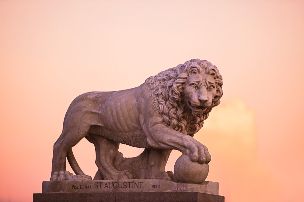 Statue of a lion by the bridge of lions, photo taken just before sunset