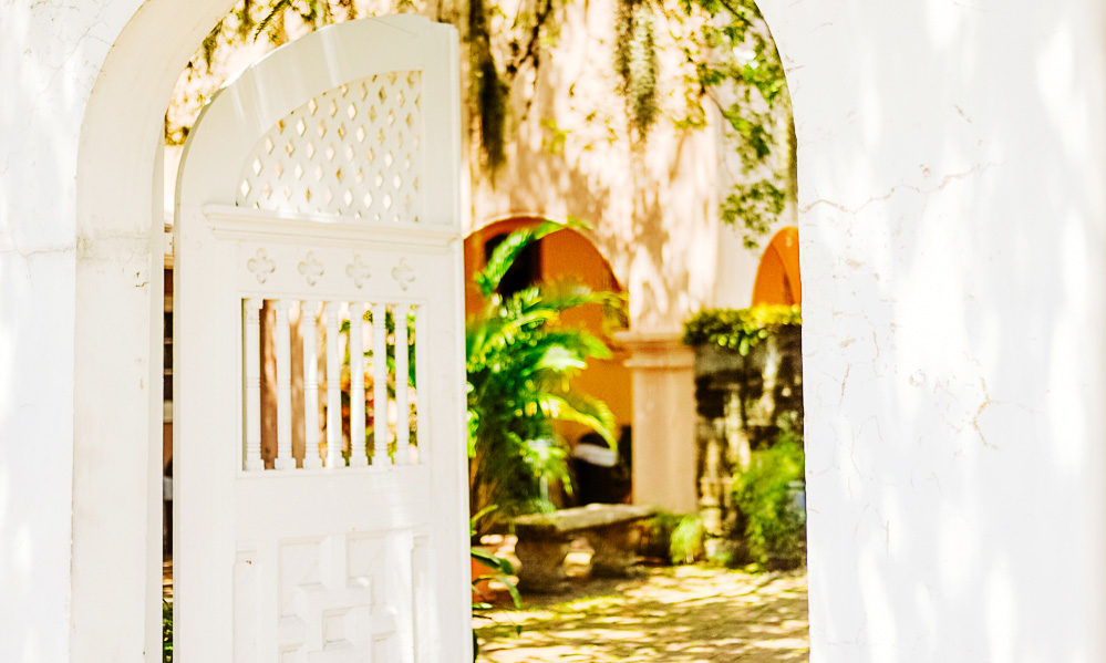 The beautiful architecture with pillars and cobblestone streets