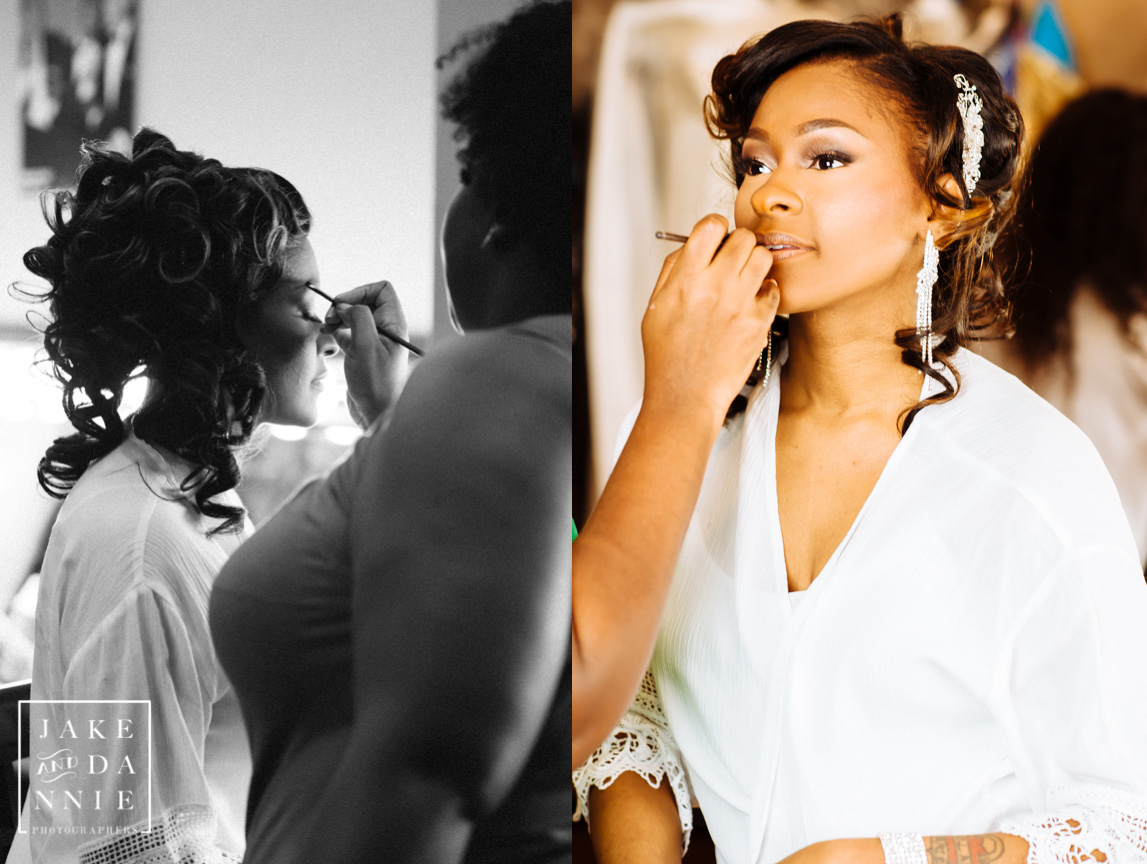 Bride getting reading in front of the mirror on her wedding day