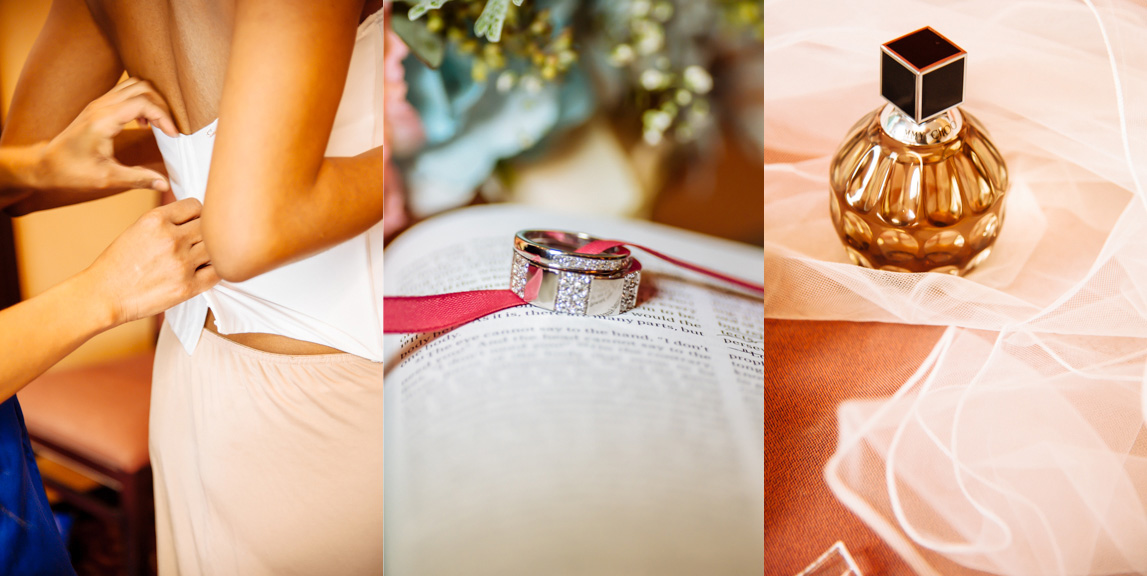 Detail shots of the wedding bands and other items in the dressing room