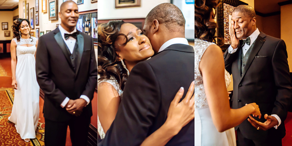 A bride hugs her father after he sees her in her wedding dress for the first time