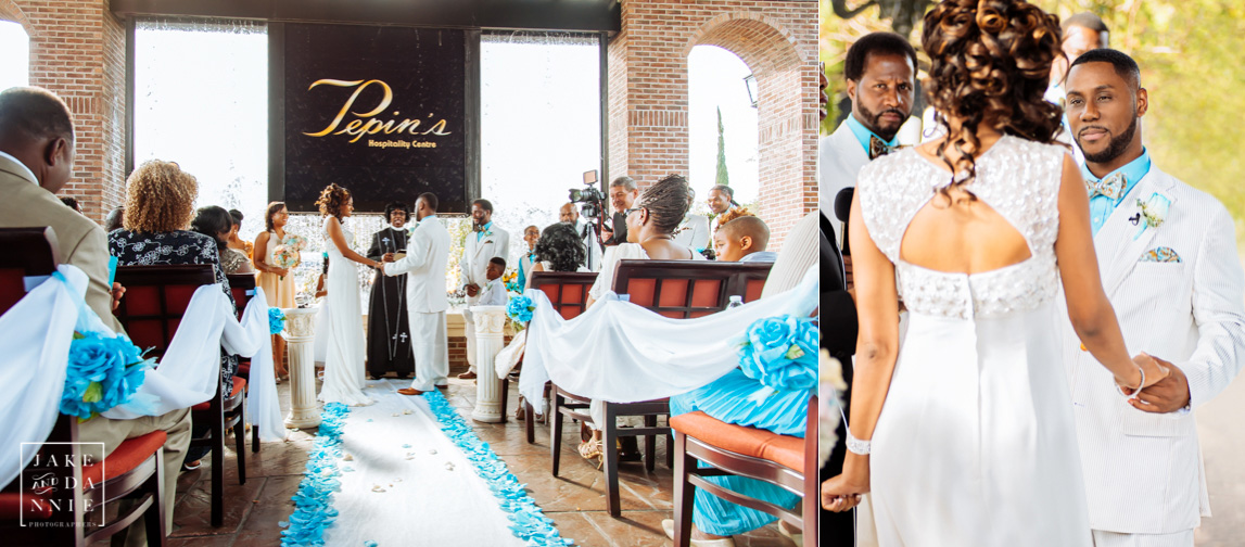 The bride and groom meet at the alter at the T Pepin hospitality center 