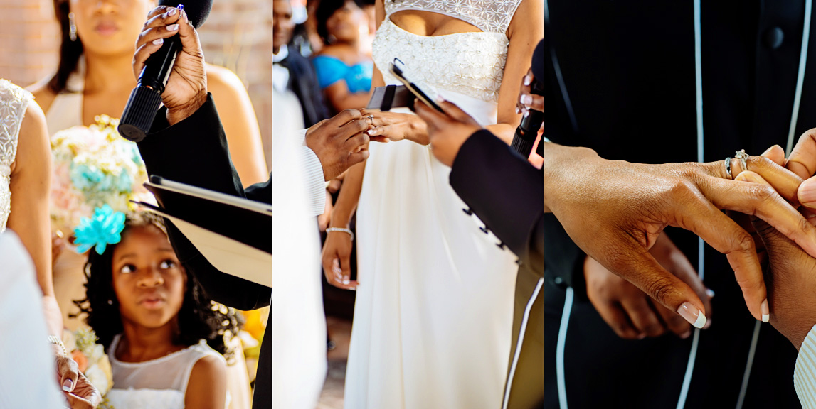 Bride and groom stand in front of their families and get married