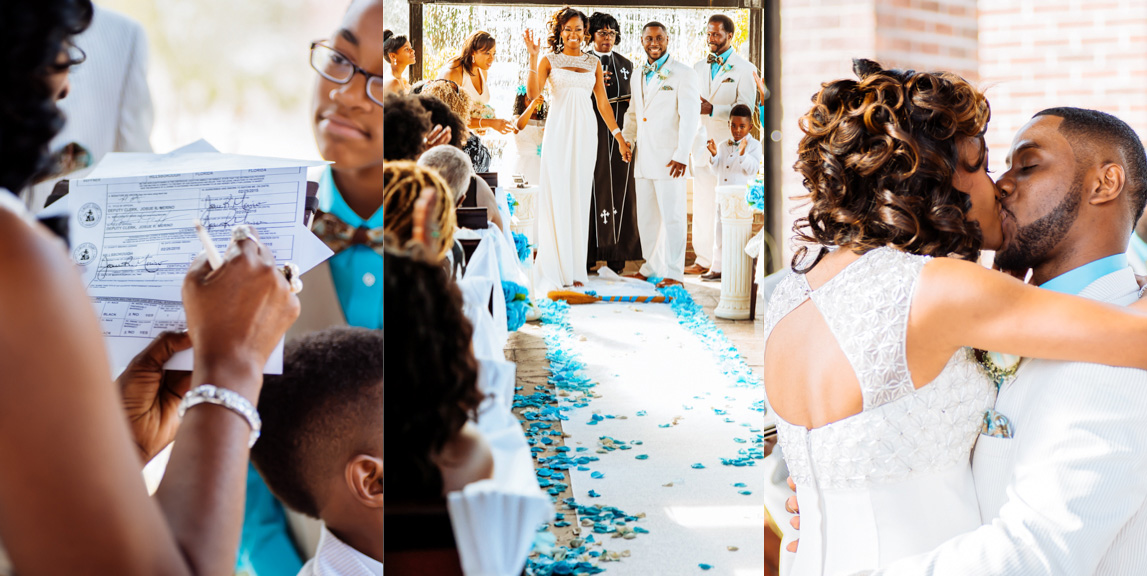 Bride and groom sign their marriage liscence and kiss for the first time as husband and wife